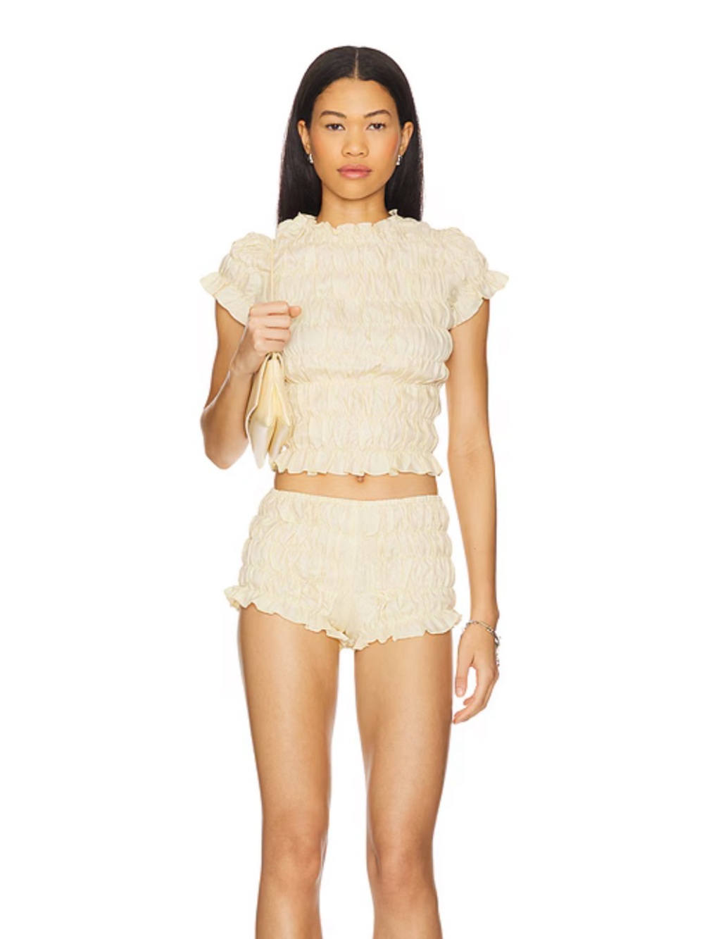Revolve More To Come High-Waist Smocked Shorts in Cream